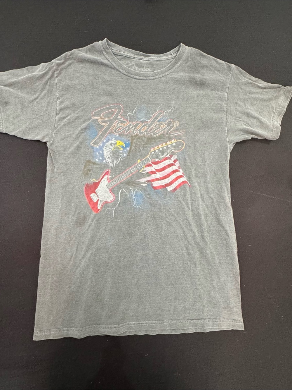 Vintage Fender Gray Tee with Red Guitar and American Flag Graphic